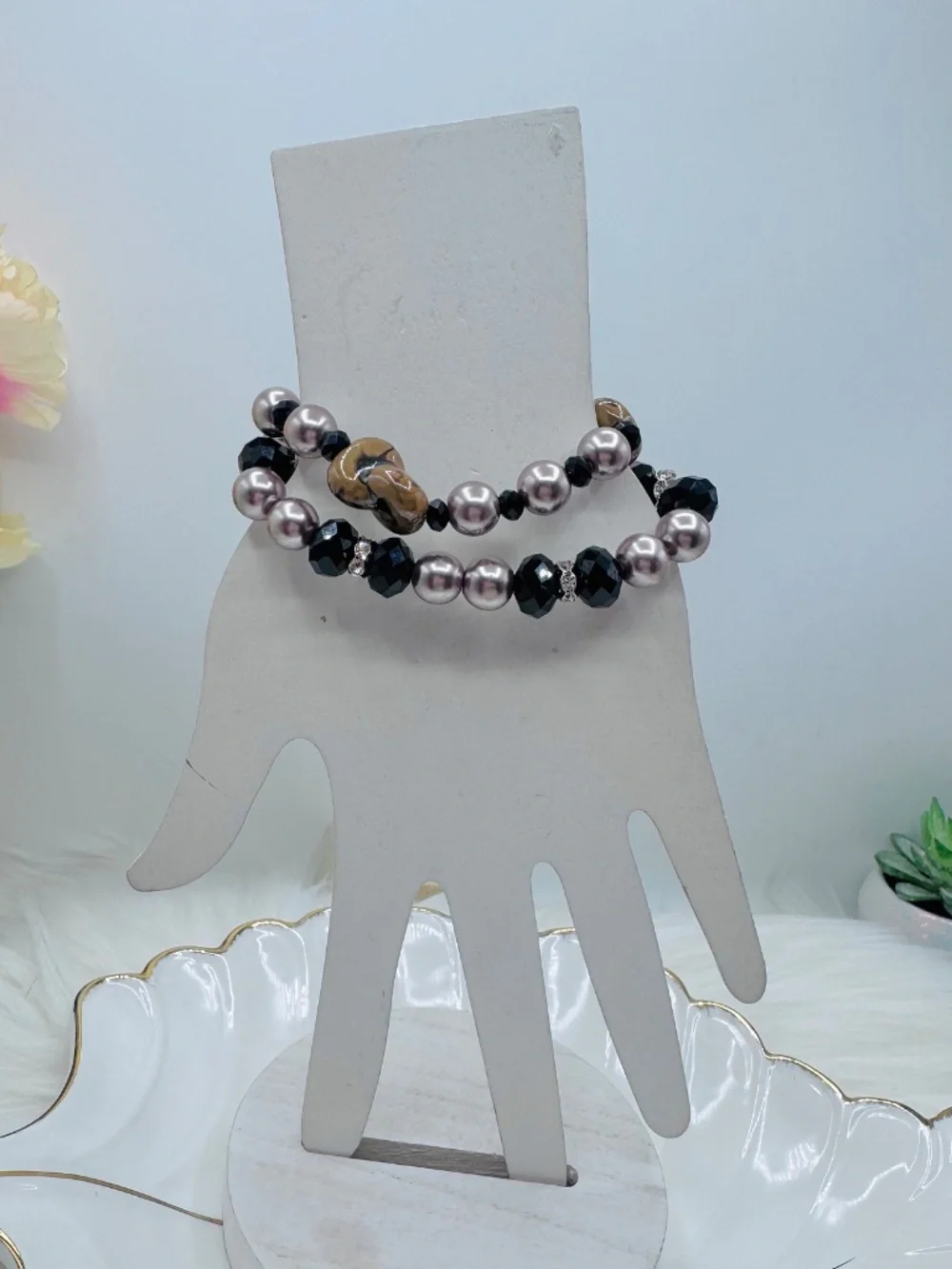 Stacked Beaded Bracelet Set Black Faceted & Taupe Pearl Stretch Boho Chic - Picture 4 of 4